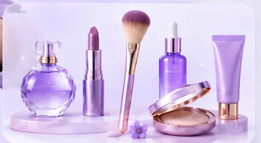 Beauty products: perfume, lipstick, brush, cream