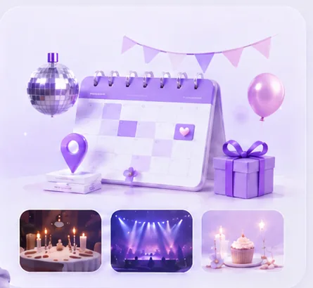 Event planning imagery: calendar, disco ball, balloon, gift